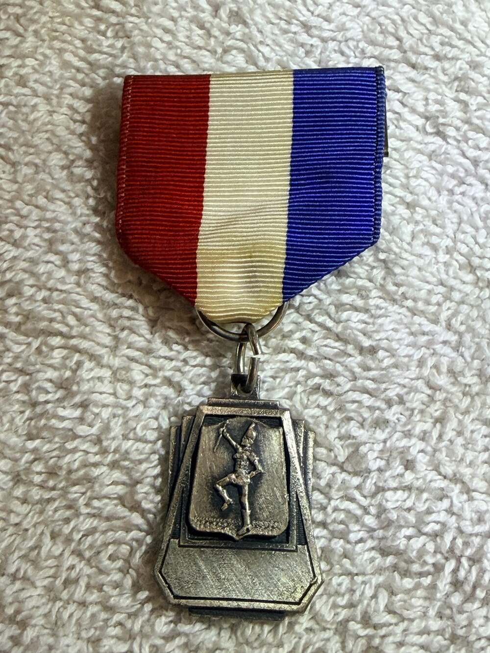 Vintage Majorette Baton Twirler Silver Tone Medal Red White Blue Ribbon Award